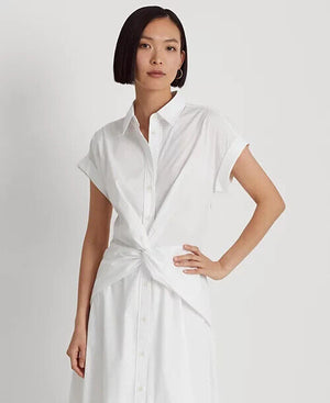 Lauren Ralph Women's Twist-Front Cotton-Blend Shirtdress, White, Size 16