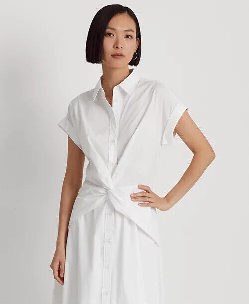 Lauren Ralph Women's Twist-Front Cotton-Blend Shirtdress, White, Size 16