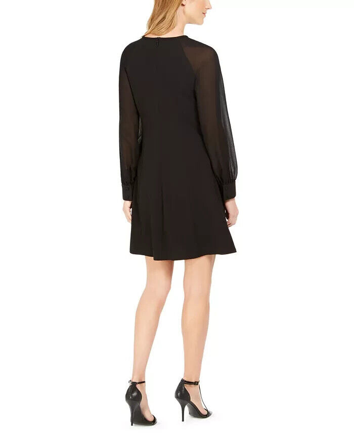 Calvin Klein Womens Illusion-Sleeve A-Line, Black, Size 14