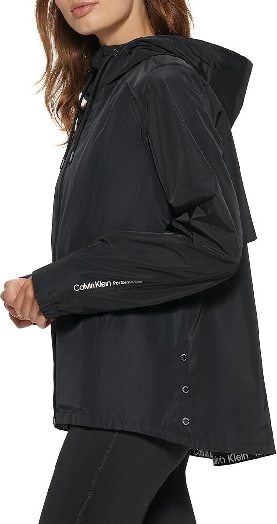 Calvin Klein Women's Hooded Performance Side-Snap Rain Jacket, Black, S