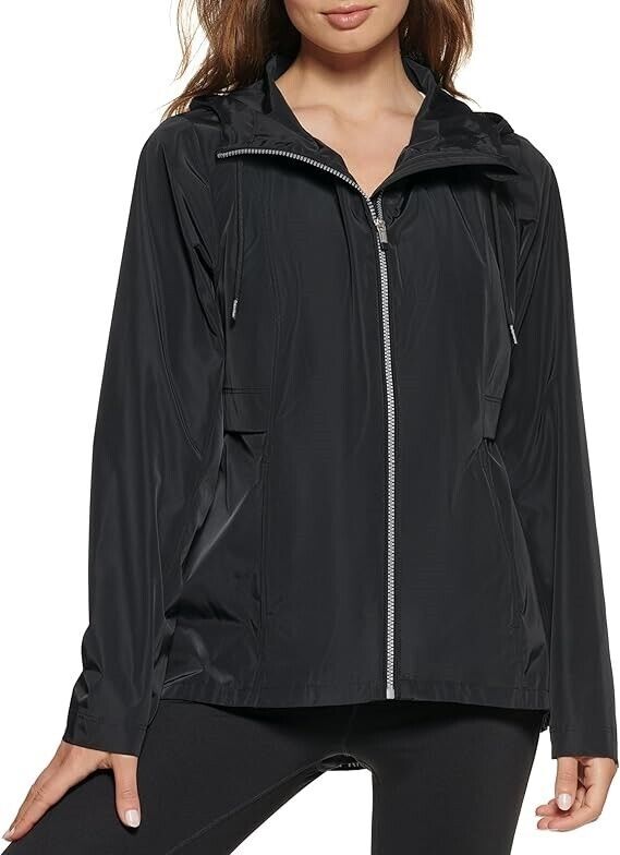 Calvin Klein Women's Hooded Performance Side-Snap Rain Jacket, Black, S