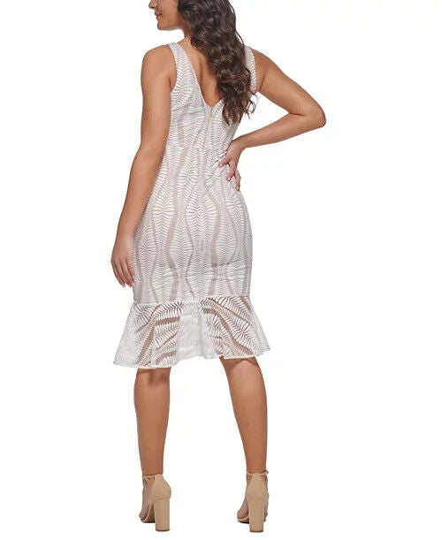 GUESS Womens Embroidered Mesh Sleeveless Sheath Dress, White/nude, Size 14