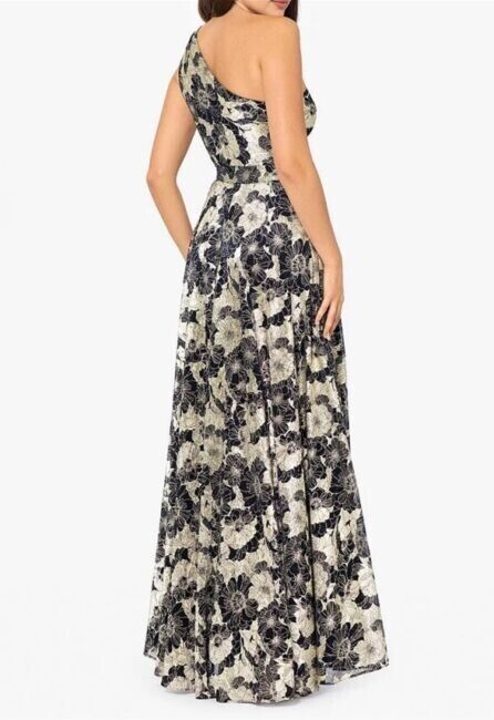 Betsy & Adam Metallic-Floral One-Shoulder Gown, Navy/Gold, Size 6