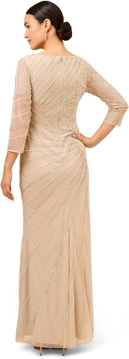 Adrianna Papell Long Sleeve Beaded Long Gown with Starburst Bead, Tan, Size 14