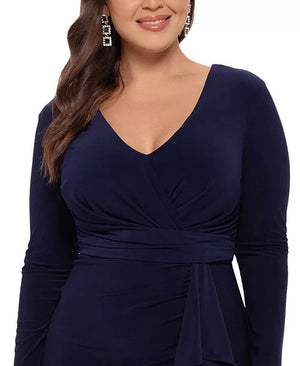 Betsy Adam Plus Size V-Neck Gown With Mat, Navy Blue, Size 16W