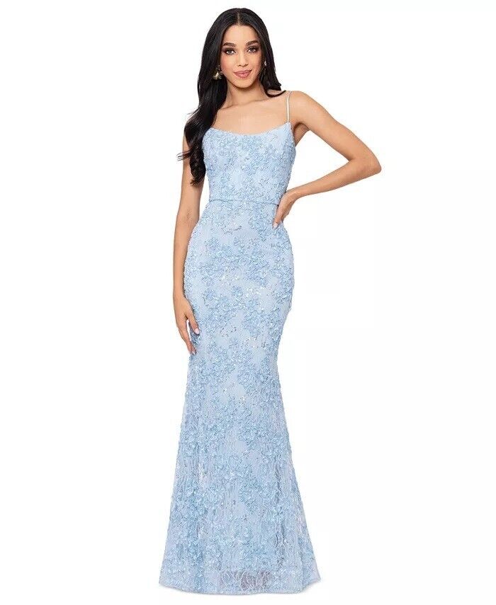 Xscape Women's Straight-Neck Sleeveless Lace Gown, Blue, Size 2