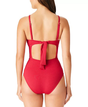 Bar III Women's Ribbed Front-Cutout Swimsuit, Dark Cherry, M