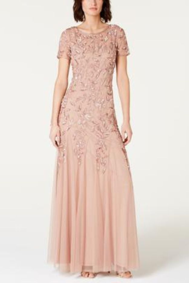 Adrianna Papell Embellished Floral-Print Gown, Colors, Rose Gold, Size 14