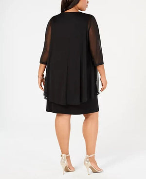 Connected Plus Size Metallic Sheer Cocktail Dress, Embroidered, BlackGold, 20W