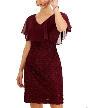 Connected Chiffon-Overlay Eyelash Sheath Dress, Bordeaux, Size 16