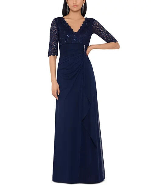 Betsy Adam Lace-Top Waterfall-Detail Gown, Navy Blue, Sizes 8