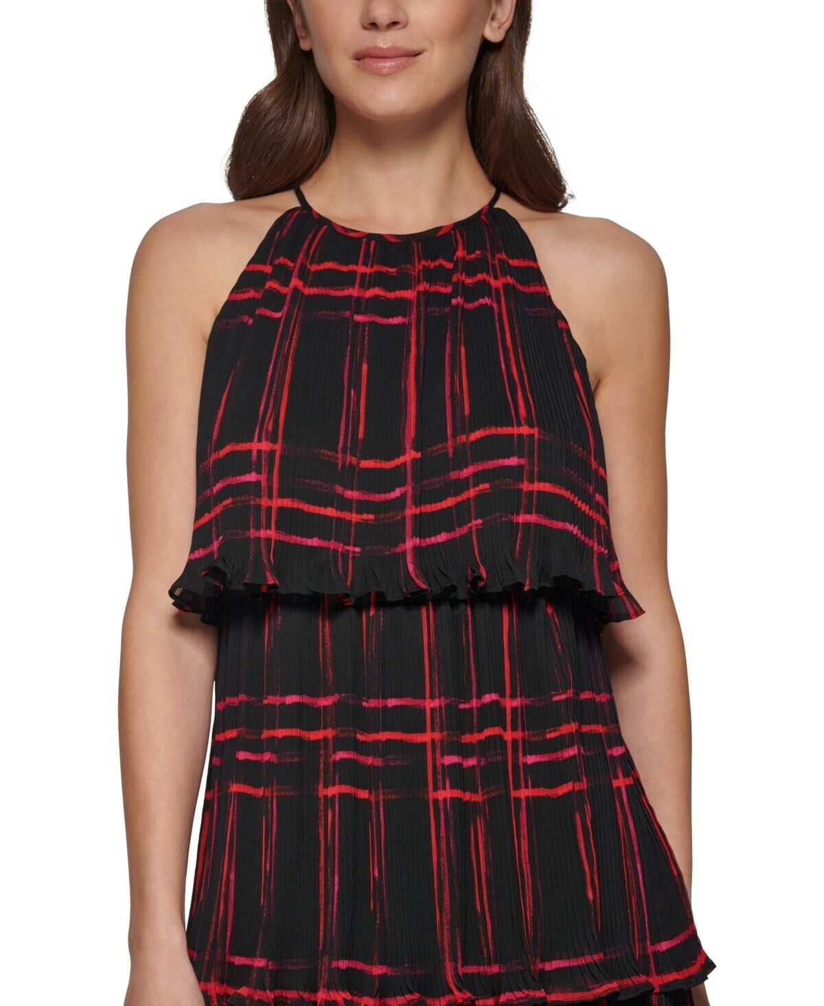 DKNY Womens Printed Pleated Tiered-Ruffle Sleeveless Swing Dress, Red , Size 4