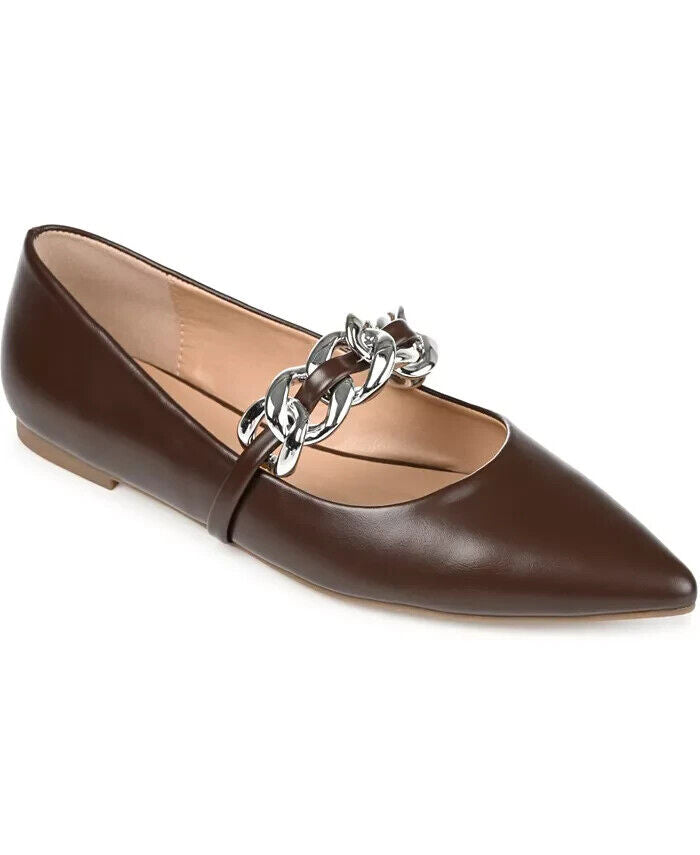 Journee Collection Women's Metinaa Mary Jane Pointed Toe Flats, Brown, 7.5M