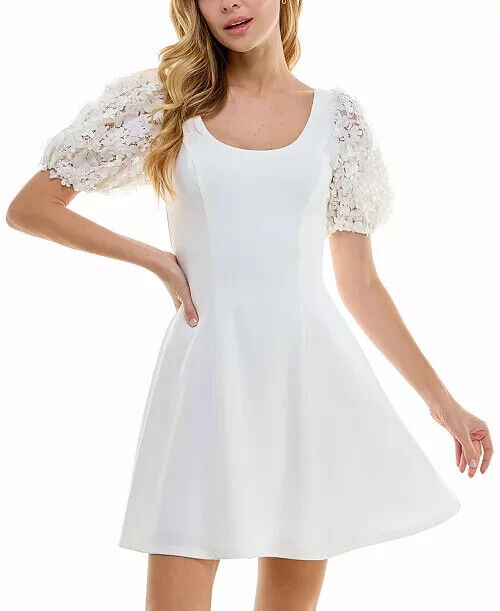 City Studios Juniors' Embellished Puff-Sleeve Fit & Flare Dress, White, 13/14