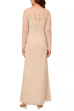 Adrianna Papell Women's Beaded Long-Sleeve Gown, Biscotti, Size 4