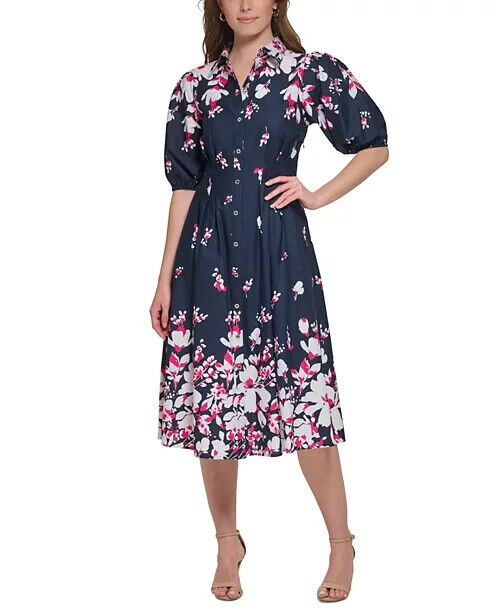 Tommy Hilfiger Women's Cotton Puff-Sleeve Floral Midi Dress, Sky Capt Multi, 12