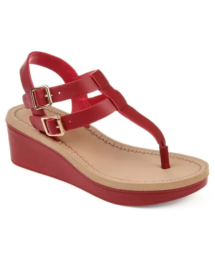 Journee Collection Women's Bianca Double Buckle Platform Wedge Sandals, Red, 7M