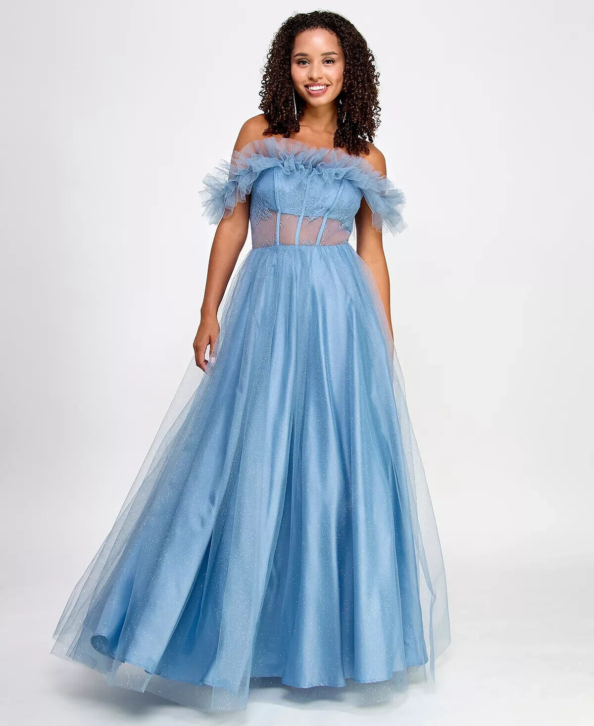 Bcx Juniors' Off-the-Shoulder Glitter Tulle Corset Gown, Light Blue, Size 3