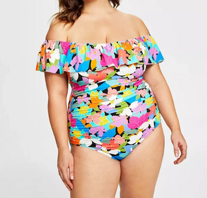 Swim Solutions Plus Size Off-The-Shoulder Ruffled Swimsuit, Floral Frenzy, 22W