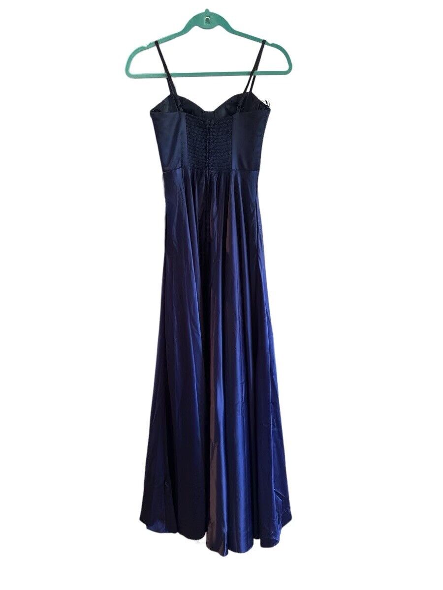 B Darlin Juniors' Pleated-Bodice High-Slit Evening Gown, Navy, Size 1/2