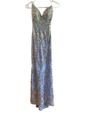 B Darlin Juniors' Strappy-Back Patterned Sequin Gown, Light Blue/Silver, Size 11