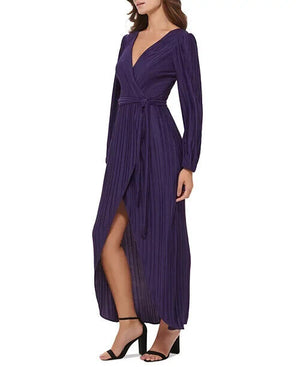 GUESS Womens Pleated Woven Faux-Wrap V-Neck Maxi Dress, Purple, Size 8