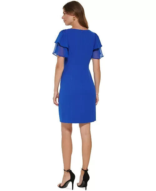 DKNY Womens Flutter-Sleeve Sheath, Deep Cobalt, Size 8