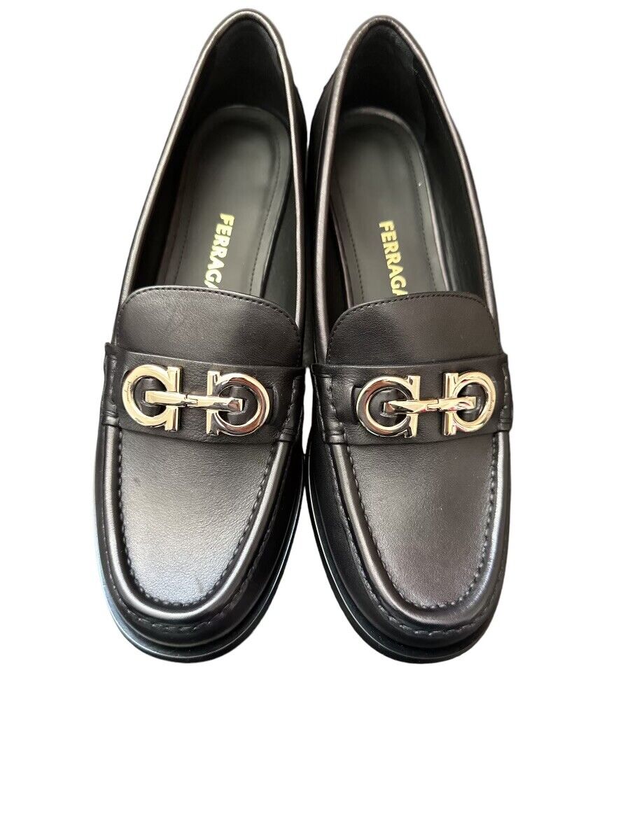 NEW Ferragamo Women's Ofelia Gancini Moc Toe Loafers, Nero, Size 9 9.5