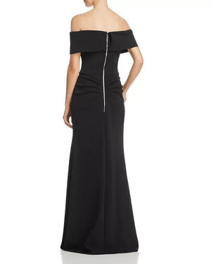 AQUA Off-the-Shoulder Scuba Crepe Gown, Black, Size 4