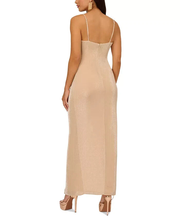 Adrianna Papell Women's Mattox Metallic V-Neck Gown, Sand, Size 8 MSRP:245.00