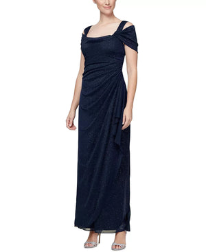 Alex Evenings Cold-Shoulder Draped Glitter Gown, Navy Blue, Size 10