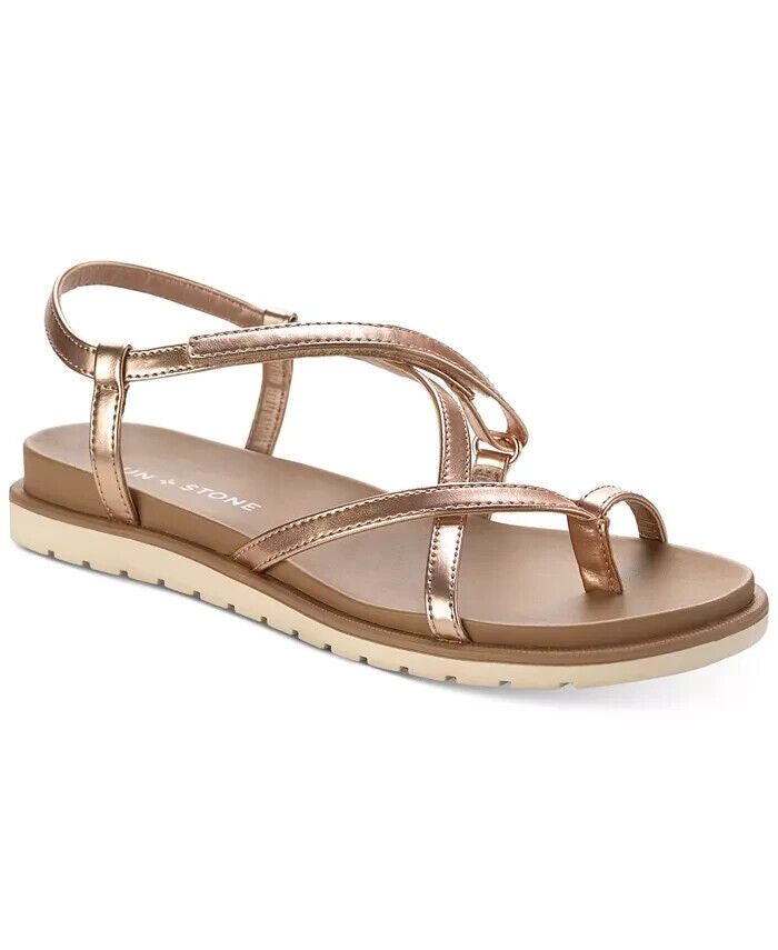 Sun + Stone  Women's Juune Toe Loop Strappy Flat Sandals, Rose Gold, 8.5M