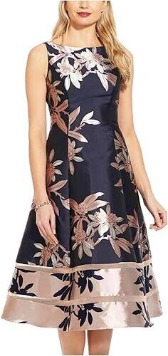 Adrianna Papell Women's Jacquard A-Line Dress, Navy/Blush, Size 2