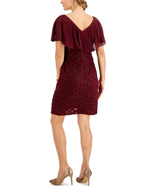 Connected Chiffon-Overlay Eyelash Sheath Dress, Bordeaux, Size 16