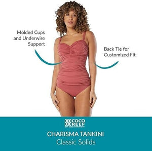 Coco Reef Women's Charisma Tie-Back Ruched Pleated Tankini Top, Coral, 38C