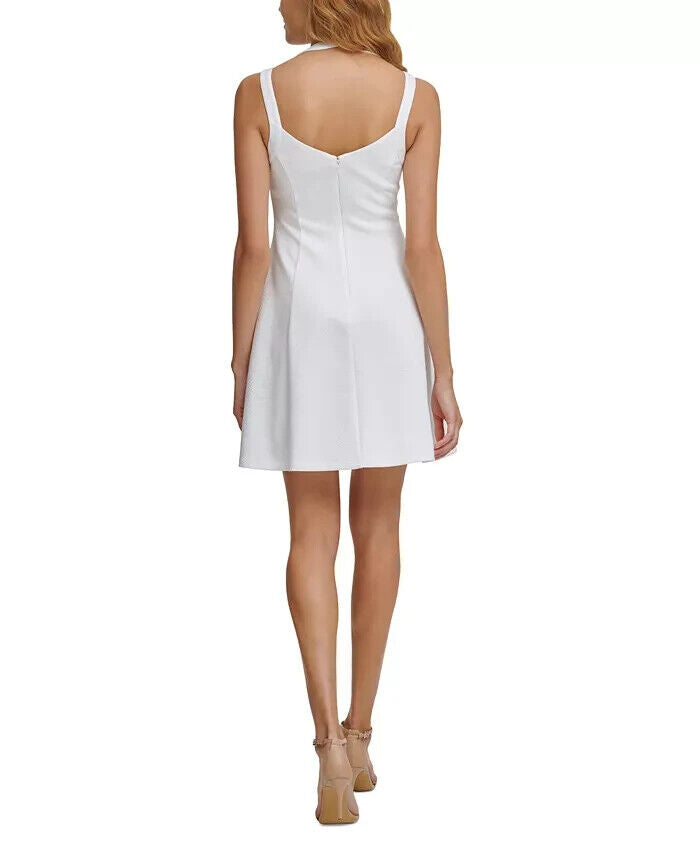 GUESS Women's Sleeveless Embossed Scuba Fit & Flare Dress, White, Size 4