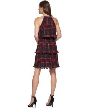 DKNY Womens Printed Pleated Tiered-Ruffle Sleeveless Swing Dress, Red , Size 4