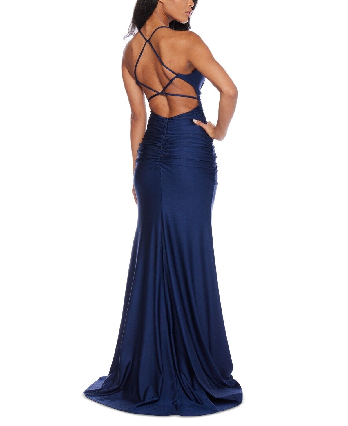 B Darlin Juniors' Square-Neck Ruched Strappy Sleeveless Gown, Navy, Size 11/12