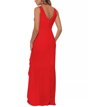 Betsy Adam Ruffled High-Low Gown, Red, Size 4