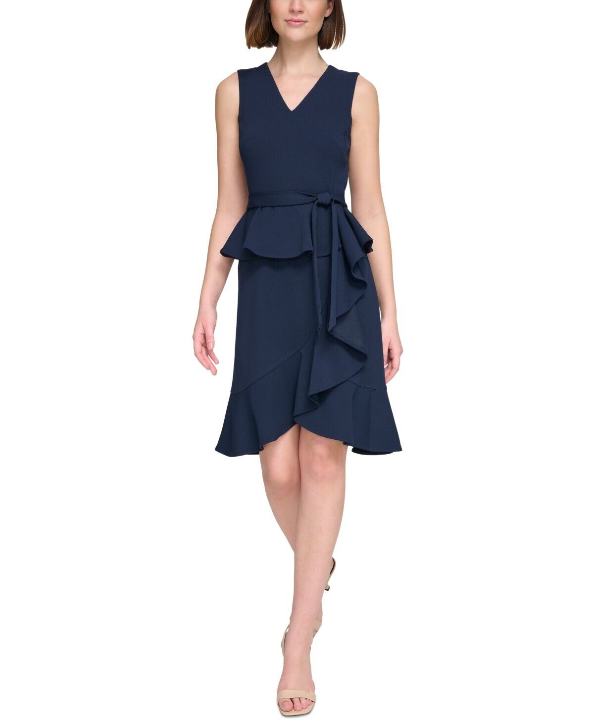 Calvin Klein Womens Sleeveless Ruffled-Hem Sheath Dress, Indigo, Size 8