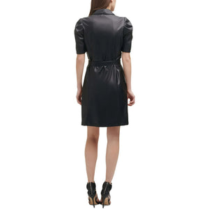 DKNY  Women's Petite Faux-Leather  Belted Shirtdress, Black, 6P