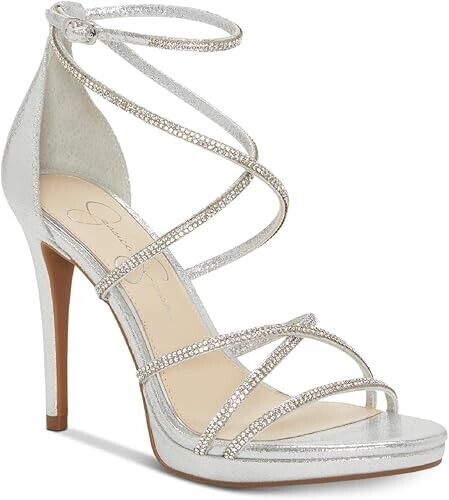 Jessica Simpson Jaeya Strappy Rhinestone High-Heel Dress Sandals, Platinum, 8M