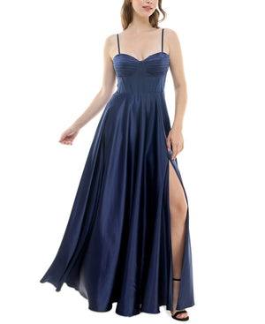 B Darlin Juniors' Pleated-Bodice High-Slit Evening Gown, Navy, Size 1/2