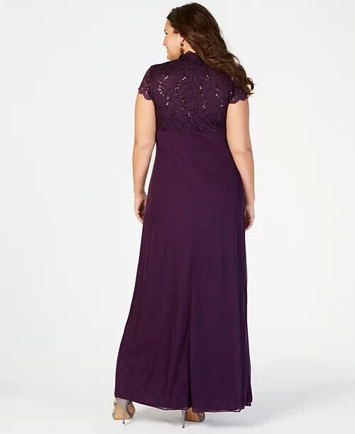 Betsy Adam Plus Size Sequined-Lace Ruched Gown, Eggplant Purple, Size 20W