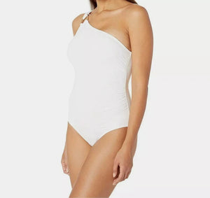 Michael Kors Embellished One-Shoulder Underwire One-Piece Swimsuit, White, 14