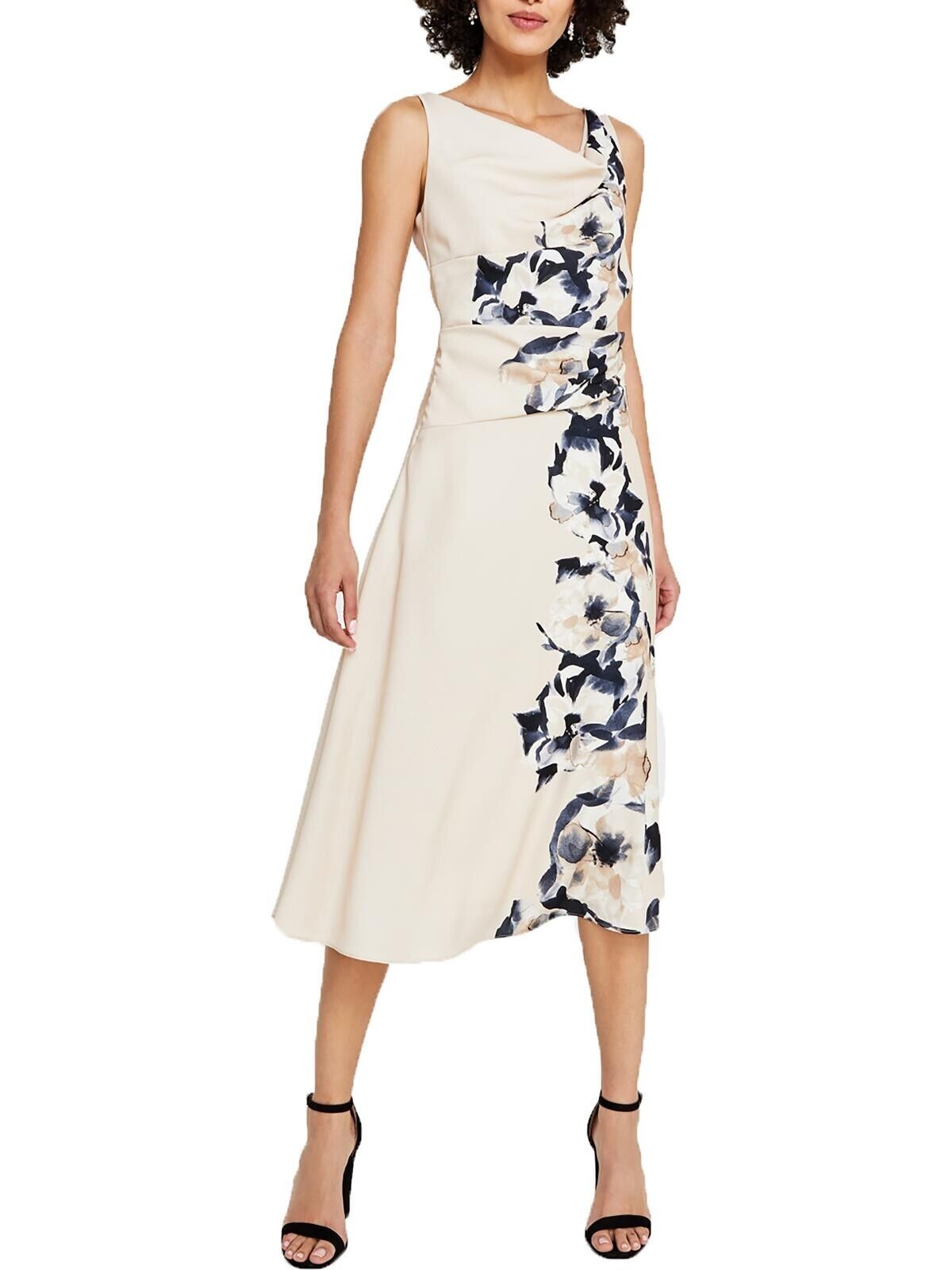 DKNY Women's Elegant Cascading-Floral Cowlneck Midi Dress, Beige, 14