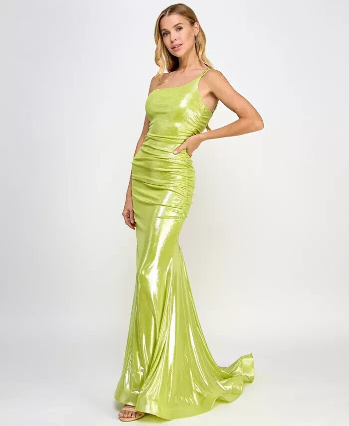 B Darlin Juniors' Metallic One-Shoulder Gown, Lime/Silver, Size 7/8