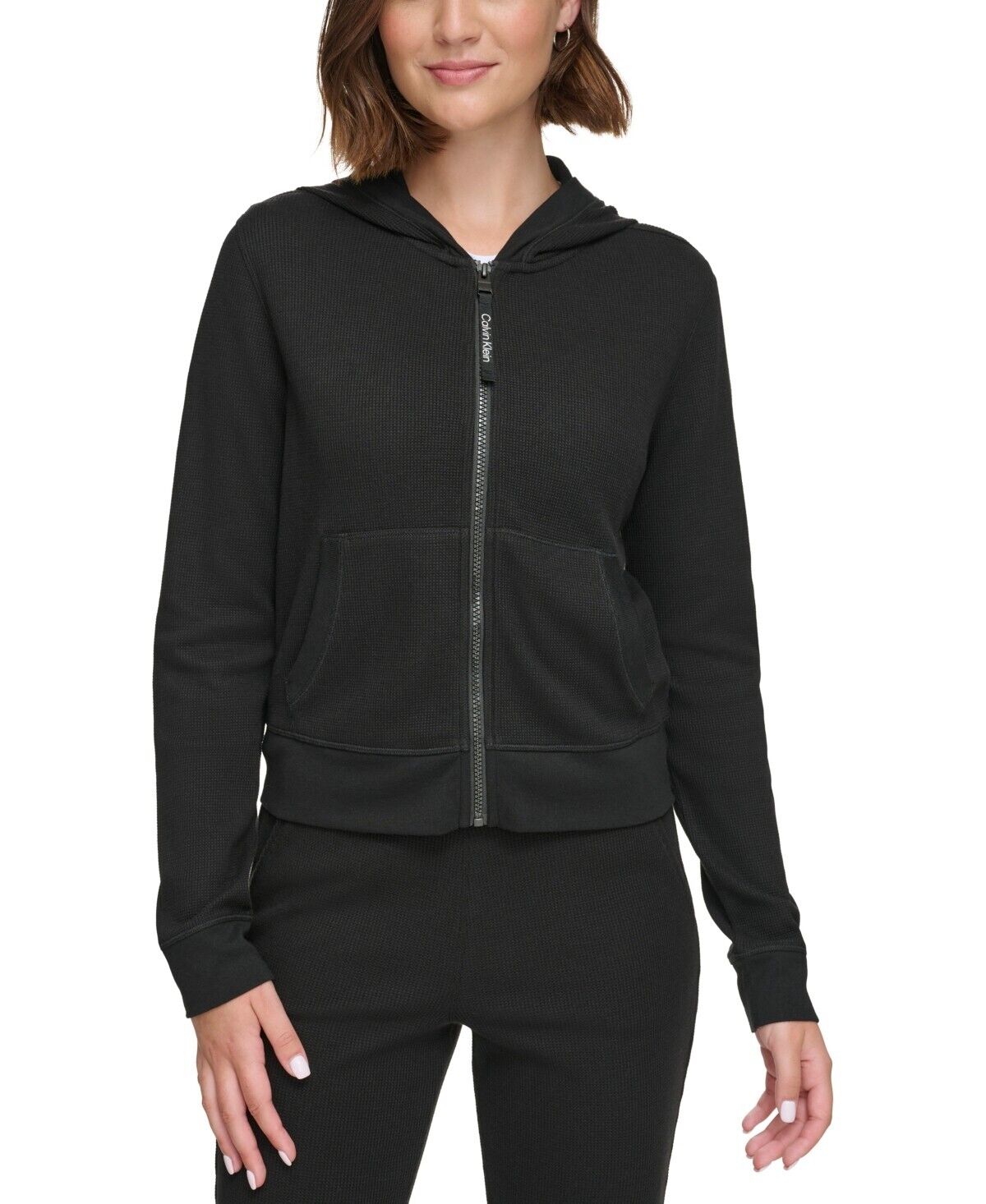 Calvin Klein Womens Thermal Zip-Front Hoodie, Black, S