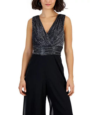 Connected Petite Sleeveless V-Neck Metallic Jumpsuit, Black Silver, Size 10