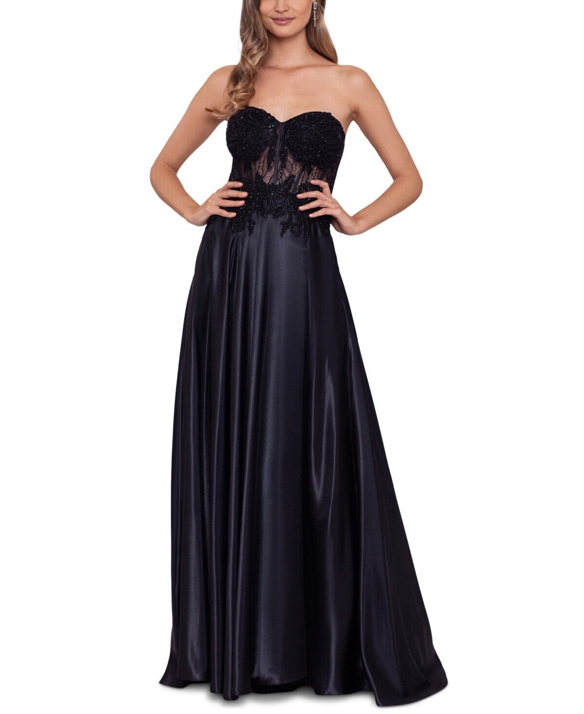 Blondie Nites Juniors Illusion Evening Applique Charmeuse Gown, Black, Size 7